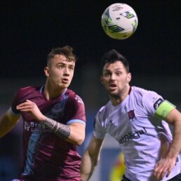 Ben Curtis of Drogheda Utd. In action against Patrick Hoban of Dundalk during the Jim Malone Cup match at Weavers Park February 2023. Photo Sportsfile.